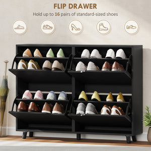 Narrow shoe cabinet for 16 pairs of shoes with 4 hinged drawers and adjustable shelves, black