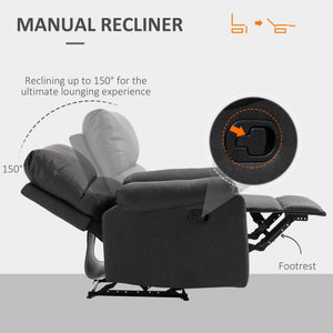 Manual recliner chair with footrest, upholstered seat, dark gray