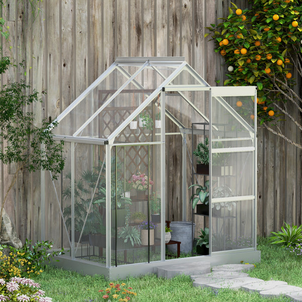 Polycarbonate greenhouse with sliding door, window, aluminum frame and foundation