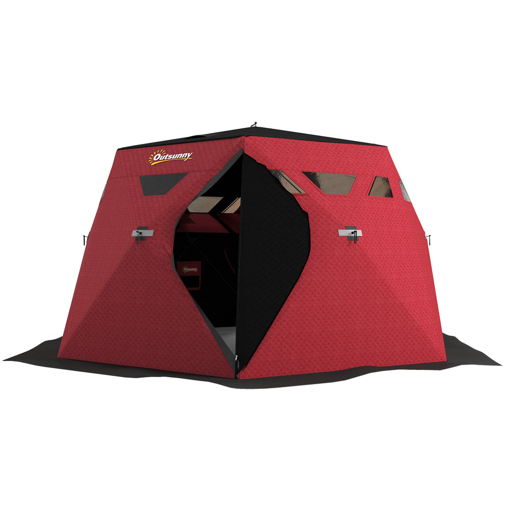 Insulated ice fishing shelter for 4 people, foldable with carry bag and two doors for temperatures down to -30°C, red