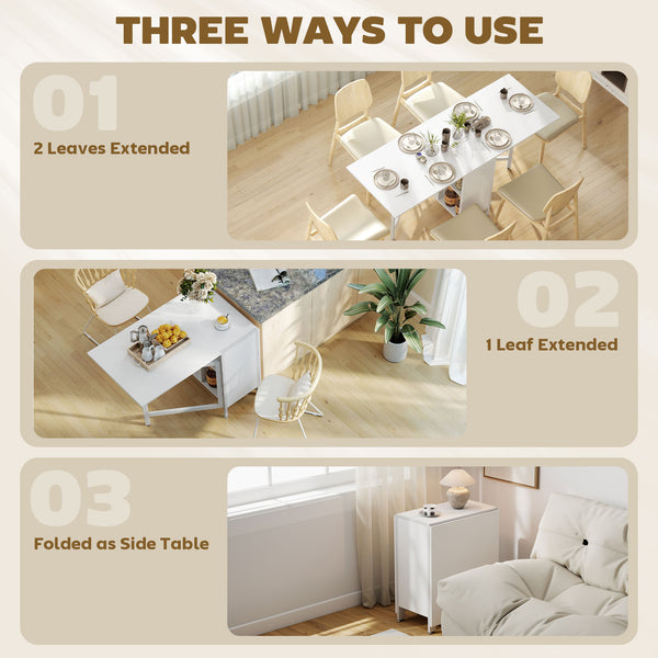 Multifunctional folding table with retractable shelves, white