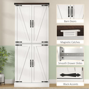 72" Tall Kitchen Pantry Cabinet, Farmhouse Storage Cabinet with 8 Door Racks and Adjustable Shelves, White