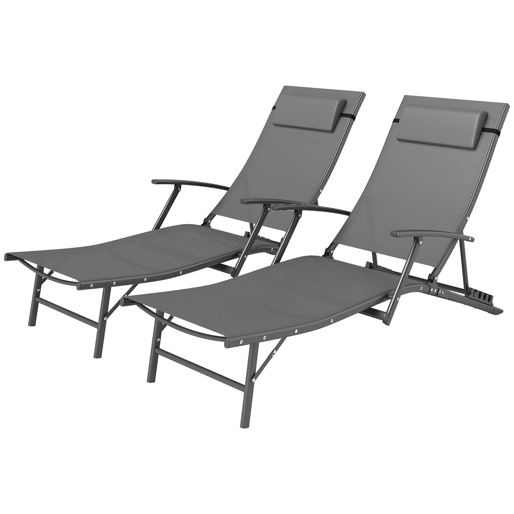 Set of 2 folding deck chairs with cushion, for terrace, garden, beach, gray