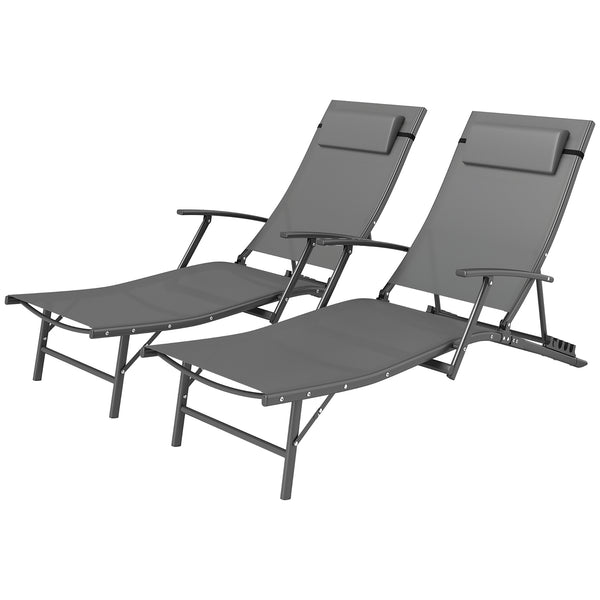 Set of 2 folding deck chairs with cushion, for terrace, garden, beach, gray