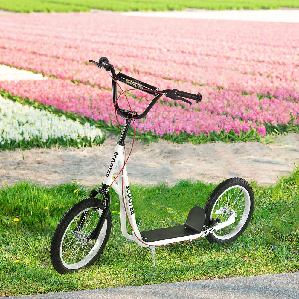 Scooter with 16-inch inflatable wheels and double brakes, white