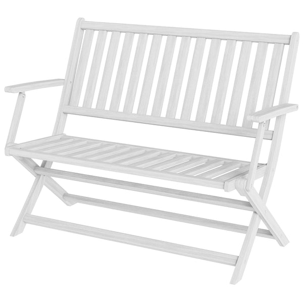 Folding wooden outdoor bench with backrest and armrests, white