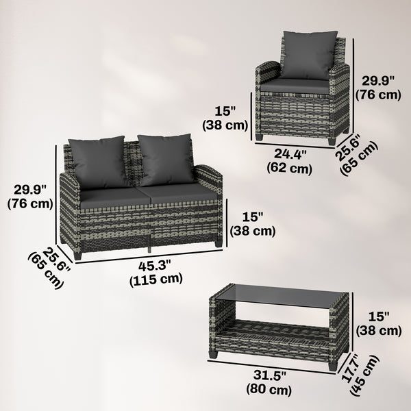 4-piece wicker resin conversation set with a two-seater sofa, chairs and a two-tier table with cushions, dark gray.