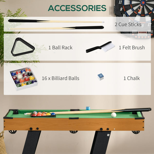 Mini foldable pool table with balls, cues, chalk and brush.