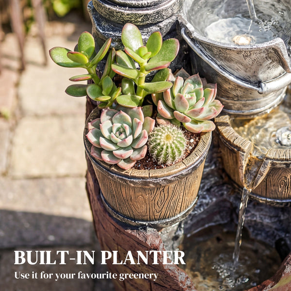 4-Tier Outdoor Fountain with Planter, Waterfall and LED Lighting, Rustic Brown and Grey.
