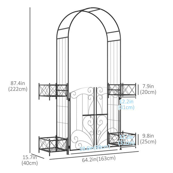 Metal garden arch with gate and 4 planters