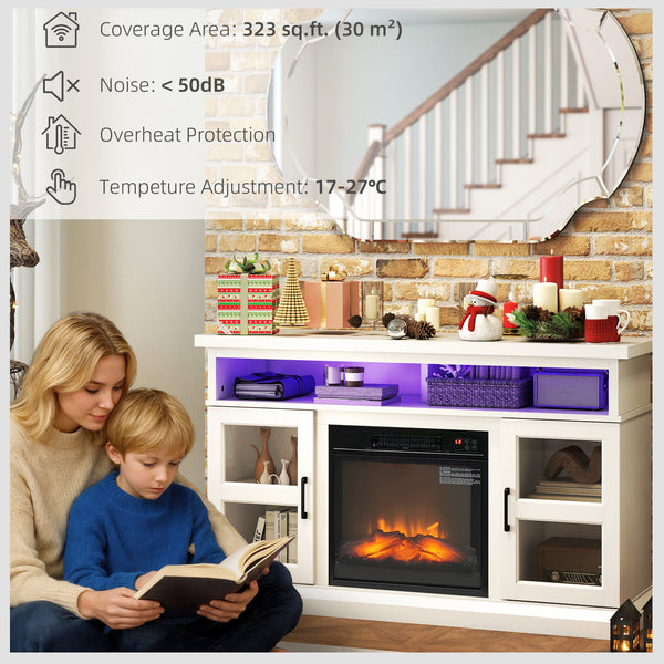 TV stand with integrated fireplace, compatible with TVs up to 55 inches, white