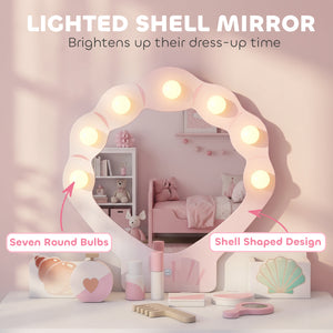 Children's vanity with light-up mirror, stool and 7 accessories, pink