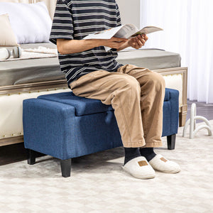 Linen Upholstered Storage Ottoman Bench with Tufted Pattern, Dark Blue