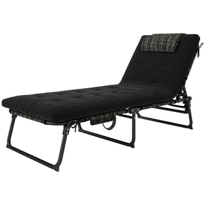 Folding lounge chair with 4-level reclining backrest and cushion, black