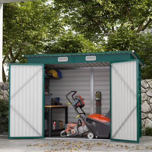 Galvanized metal garden shed with double door and 2 vents, green