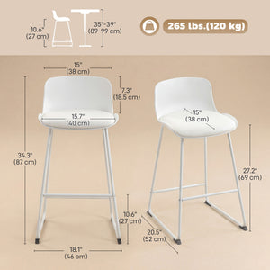 Set of 2 modern faux leather bar stools, counter height, white.