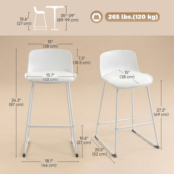 Set of 2 modern faux leather bar stools, counter height, white.