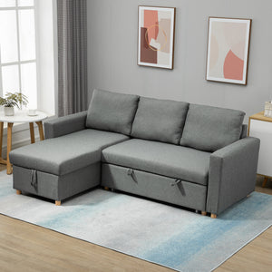 Convertible sectional sofa with pull-out bed, reversible chaise, and storage – Light gray