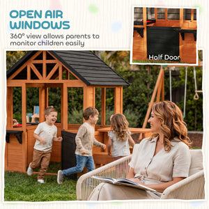 Wooden playhouse for children aged 3 to 8, with a table, benches, a sink, windows, and flower box holders, brown.