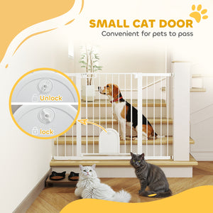 Extra Wide Pet Gate 30-52" with Small Door, Pressure Mount for Stairs, White