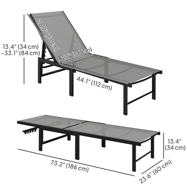 Outdoor Lounge Chair Set of 2, 5-Position Reclining Outdoor Chaise Lounge Tanning Chair with Mesh Seat, Grey