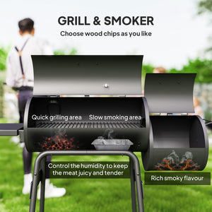 Charcoal BBQ Grill with Offset Smoker Portable Backyard Cooking Smoker, 124 x 53 x 104 cm, Black