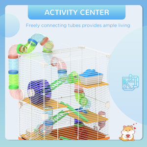 5-Level Portable Hamster Cage with Exercise Wheels, Play Tube, Water Bottle, Bowl, Ladder for Gerbils, Orange