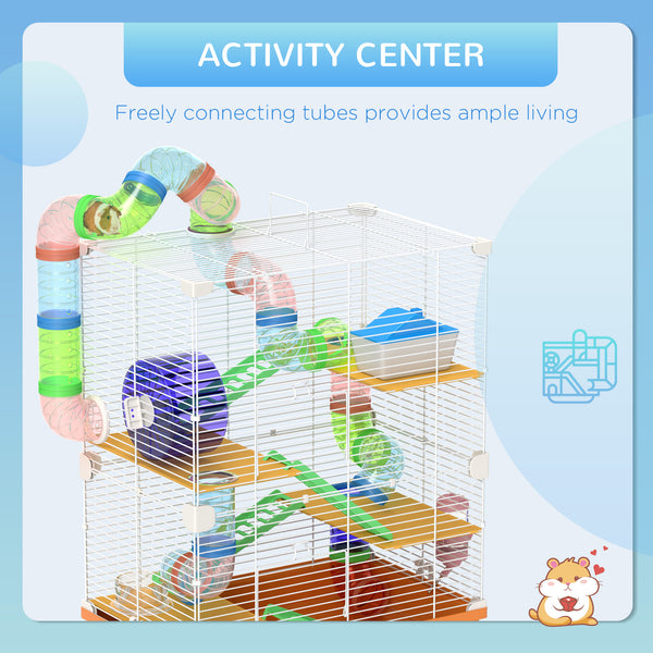 5-Level Portable Hamster Cage with Exercise Wheels, Play Tube, Water Bottle, Bowl, Ladder for Gerbils, Orange