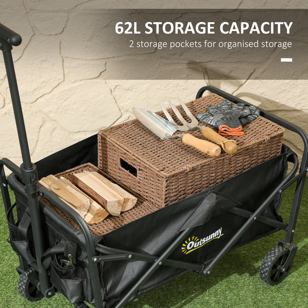 Folding garden cart with universal wheels and adjustable handle, black.