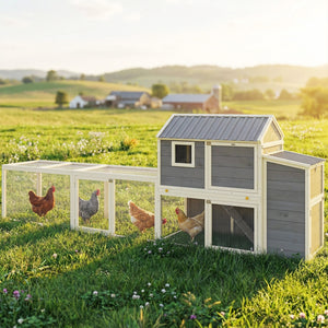 Large wooden chicken coop with run, nesting box, pull-out tray, waterproof roof, and access ramp.