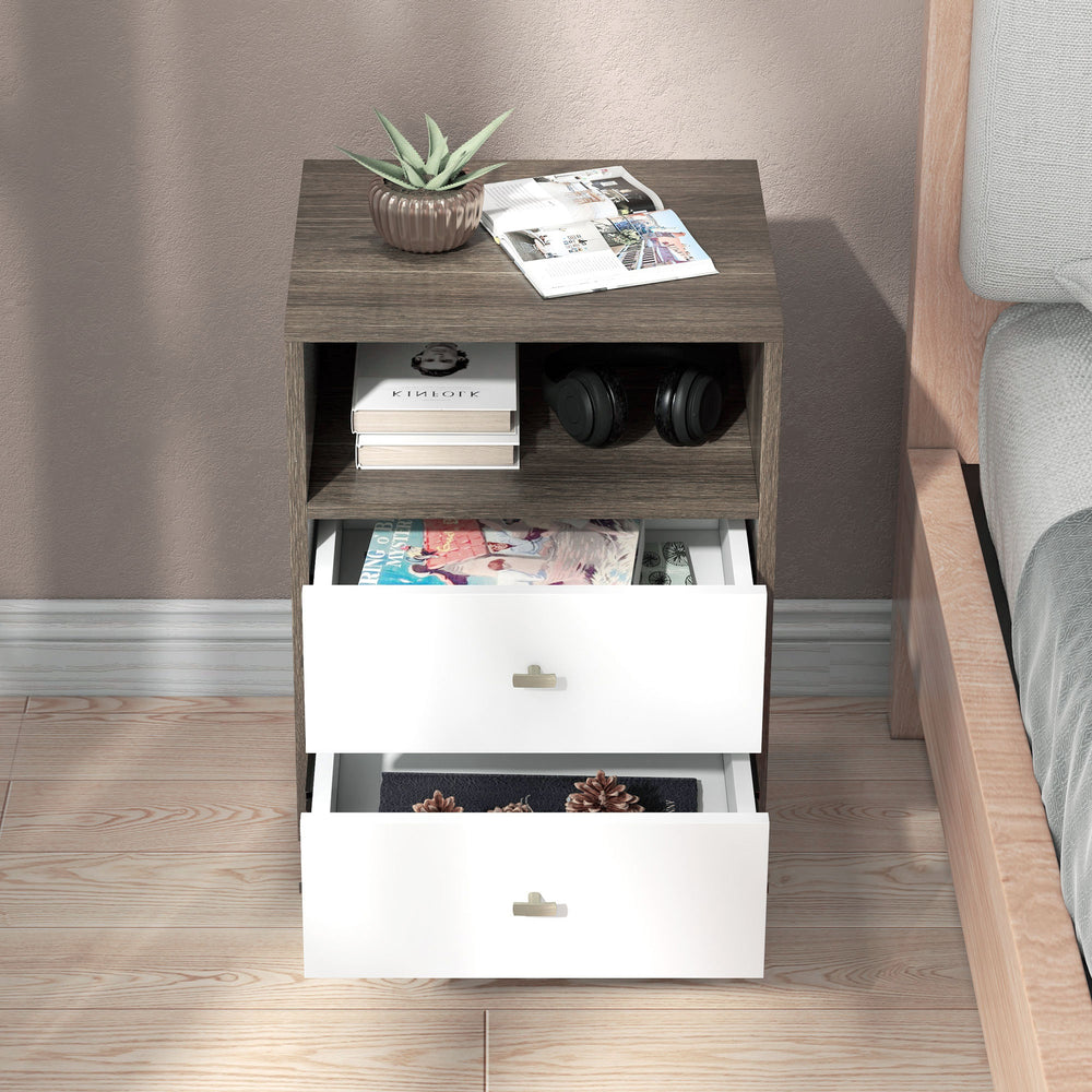 Set of 2 modern bedside tables with 3 drawers and open storage, gray