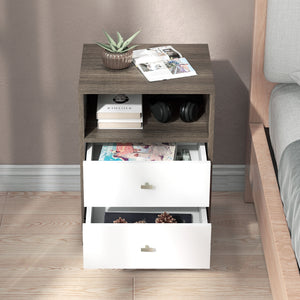 Set of 2 modern bedside tables with 3 drawers and open storage, gray
