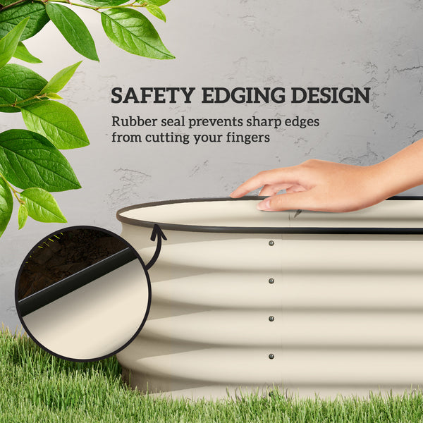 Raised galvanized steel planter with safety rim, cream white 