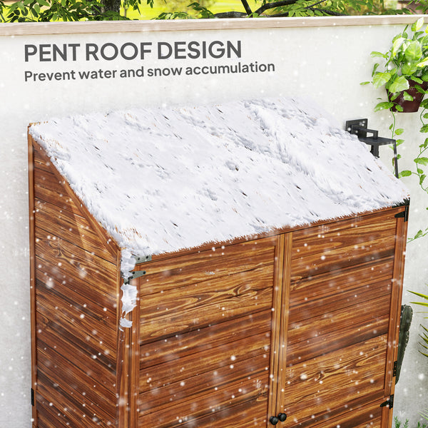 Wooden garden shed with double doors and shelves, mixed brown color