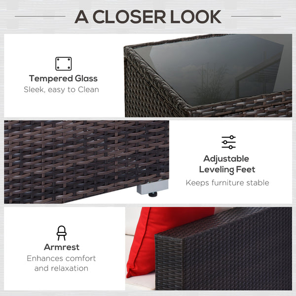 6 Piece Outdoor Rattan Sofa Set with Luxury Thick Cushions with Glass Table, Dark Coffee and Cream White