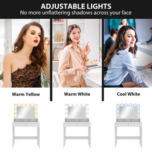 Dressing table with LED lighting, charging station and drawers, white 