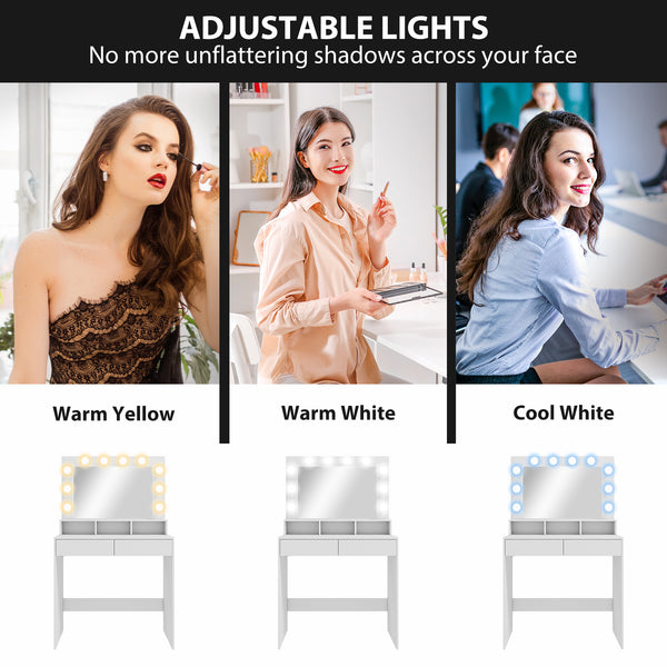 Dressing table with LED lighting, charging station and drawers, white 