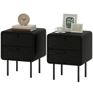 Set of 2 bedside tables with 2 storage drawers and steel legs, black wood finish.