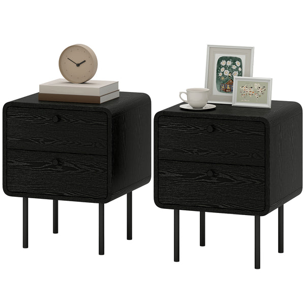 Set of 2 bedside tables with 2 storage drawers and steel legs, black wood finish.