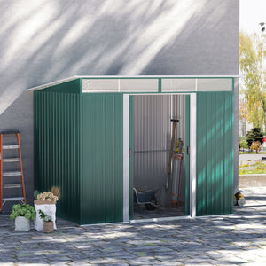 Outdoor metal garden shed, dark green