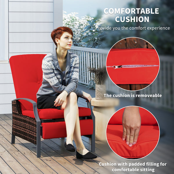 Outdoor Rattan Recliner Chair with Adjustable Backrest and Retractable Footrest, Wine Red Color