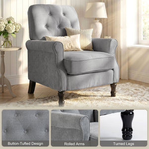 Mid-century modern accent chair with thick padded seat, spring cushion, solid wood legs, gray