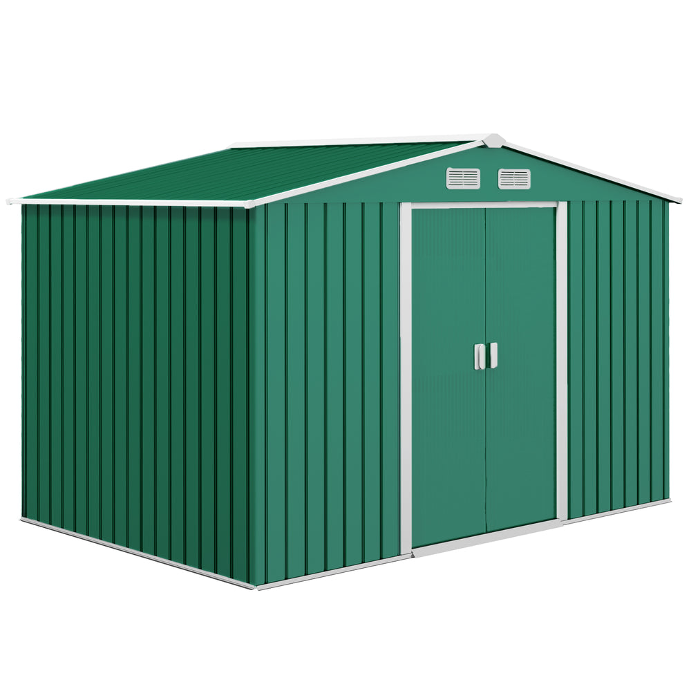 Garden shed with foundation kit and double door, green