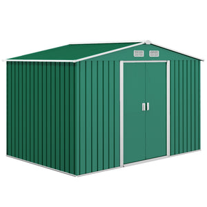 Garden shed with foundation kit and double door, green
