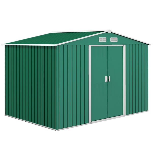 Garden shed with foundation kit and double door, green