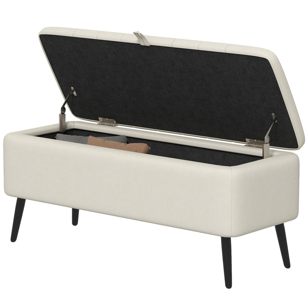 Linen Upholstered Storage Pouf with Steel Legs, Cream White