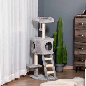 119 cm high cat tree with niche, ladder, scratching posts and hanging ball, light grey
