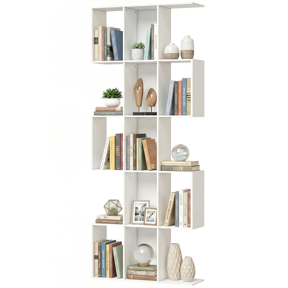 S-shaped 5-tier bookcase with 15 compartments, white wood look