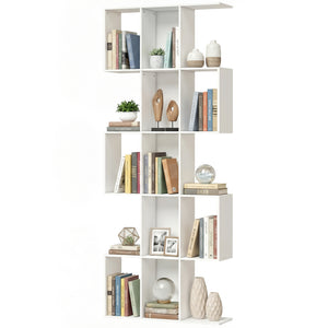 S-shaped 5-tier bookcase with 15 compartments, white wood look