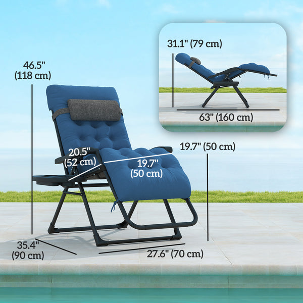 Padded Folding Recliner Chair with Cup Holder, Adjustable Backrest, Removable Cushion, Navy Blue